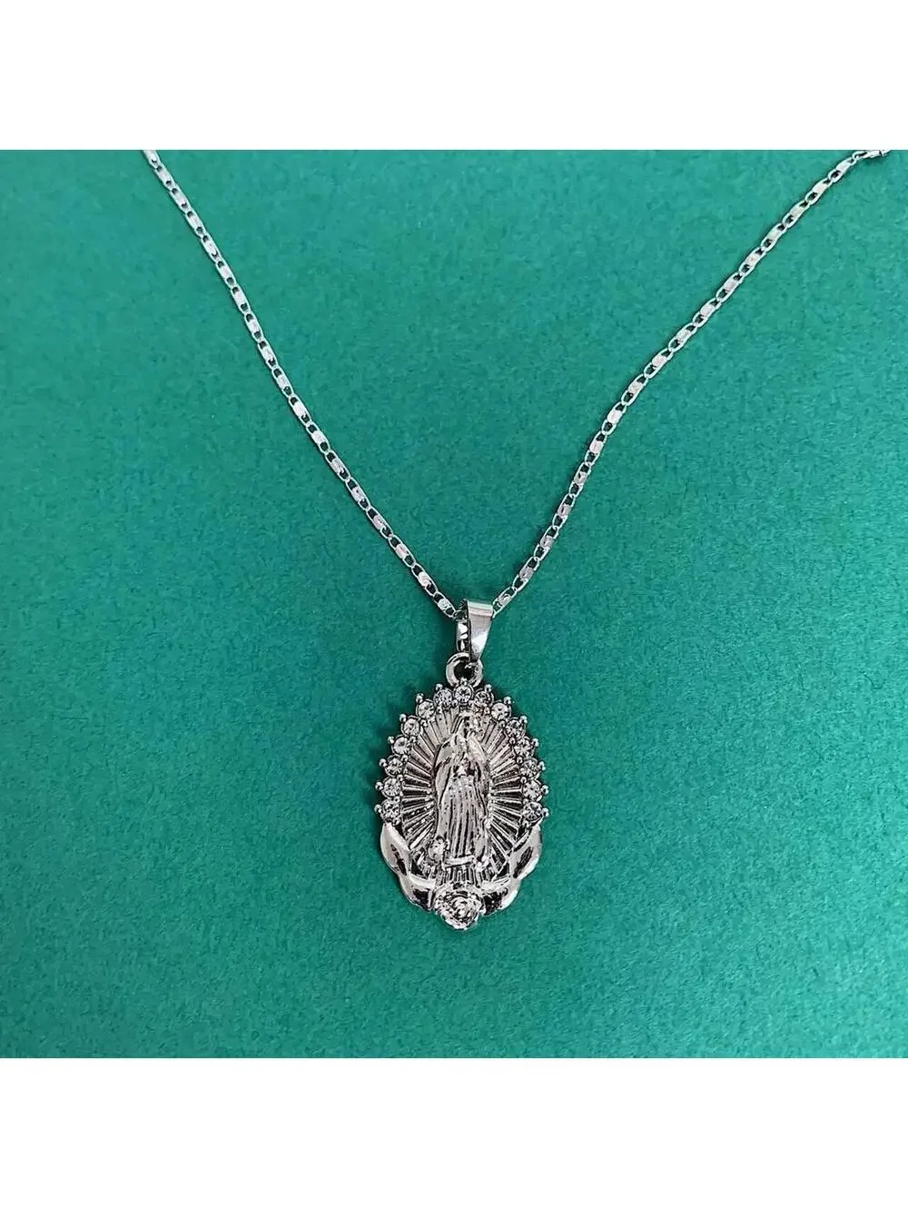 Silver Saint Marry rhinestone pendant y2k 90s style necklace chain. Grunge punk